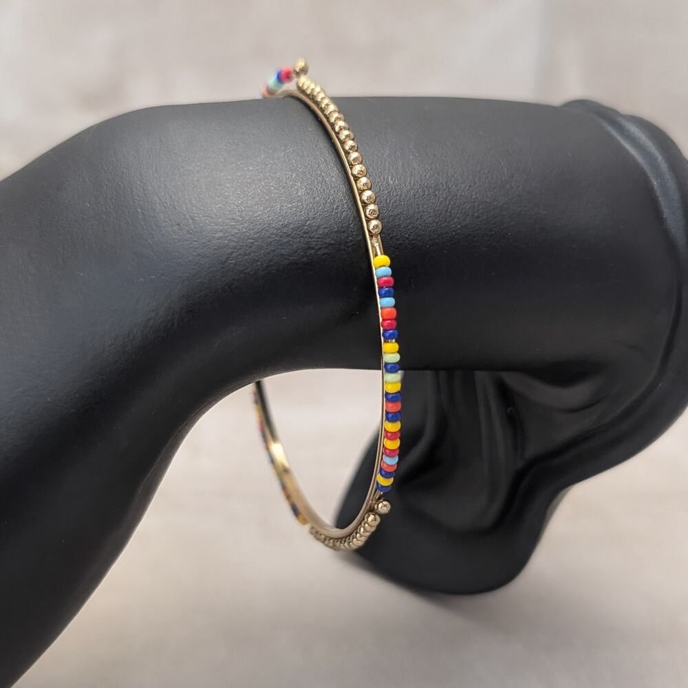 Vintage Bracelet / Bangle - Thin Gold Tone with Mufti Colored Seed Beads